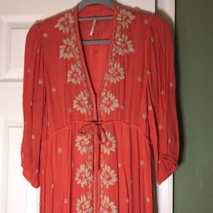 Free People Salmon/ Melon Embroidered Peasant Maxi Dress size small